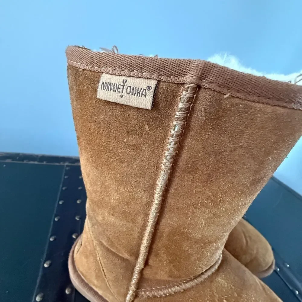 Minnetonka Olympia Brown Leather Sheepskin Mid-Calf Winter Boots Womens Size 8